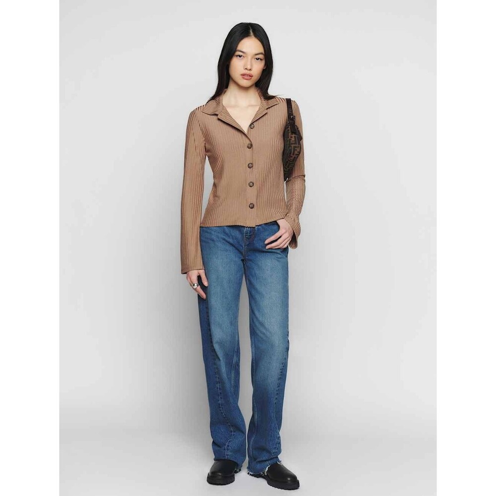 REFORMATION Brown Esmeray Knit Top Size XL Flare Sleeve Button Down